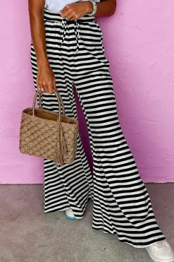 Online Dear-Lover Lace-up Waist Casual Flared Pants Black Stripe