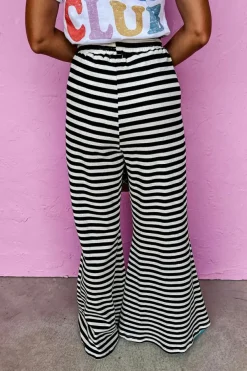 Online Dear-Lover Lace-up Waist Casual Flared Pants Black Stripe