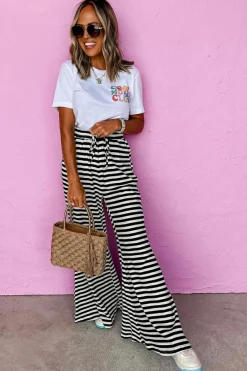 Online Dear-Lover Lace-up Waist Casual Flared Pants Black Stripe