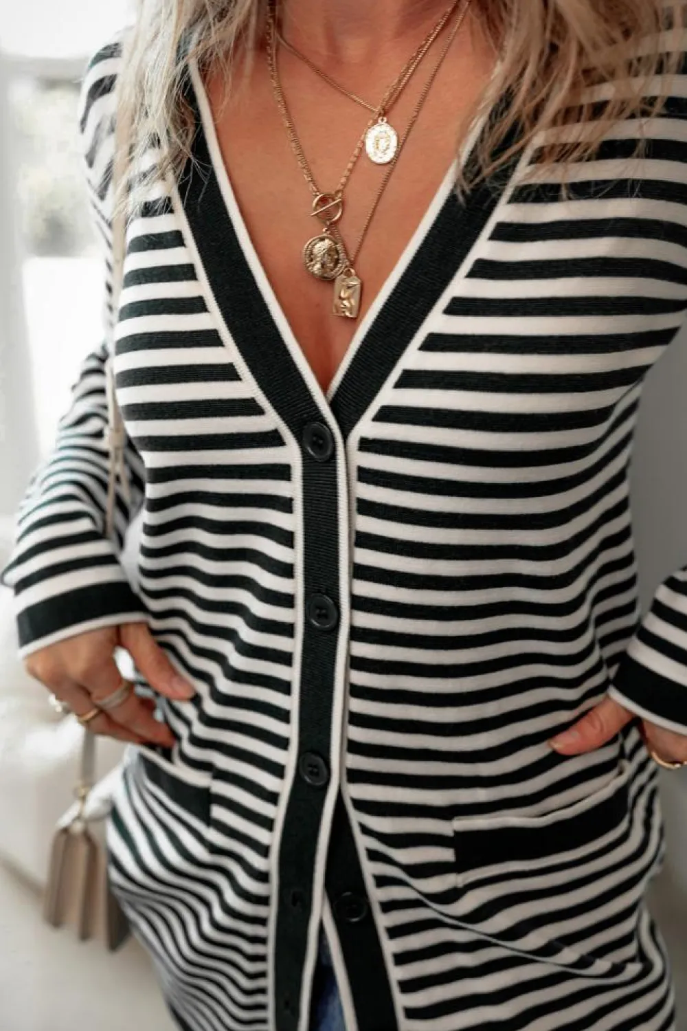 New Dear-Lover Long Sleeve Button up Tunic Cardigan Black Stripe