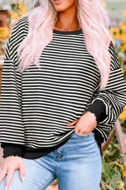 Best Dear-Lover Loose Drop Shoulder Long Sleeve Top Black Stripe