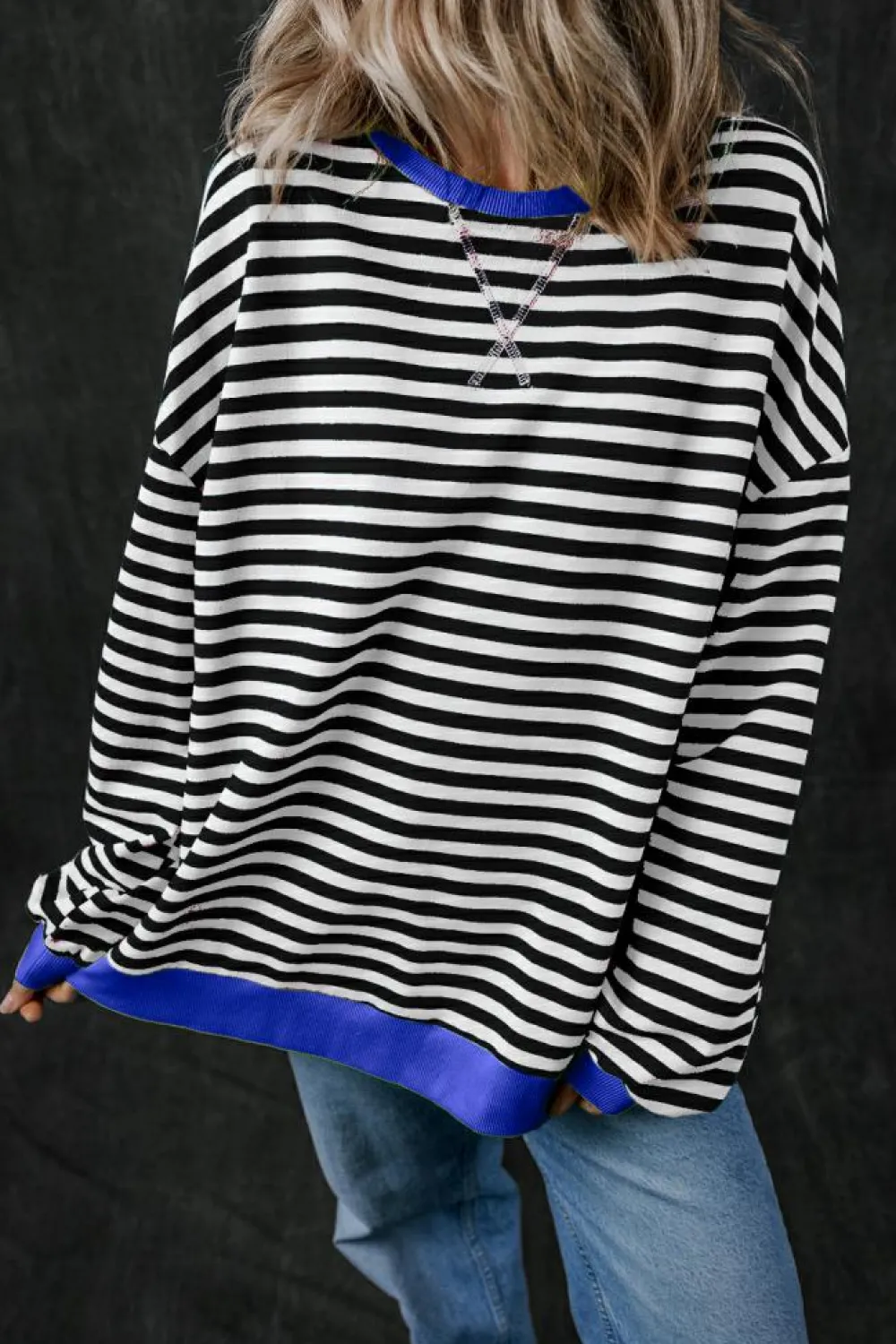 Online Dear-Lover Oversized Contrast Trim Pullover Sweatshirt Black Stripe