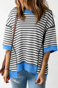Fashion Dear-Lover Oversized Contrast Trim Exposed Seam High Low T Shirt Black Stripe
