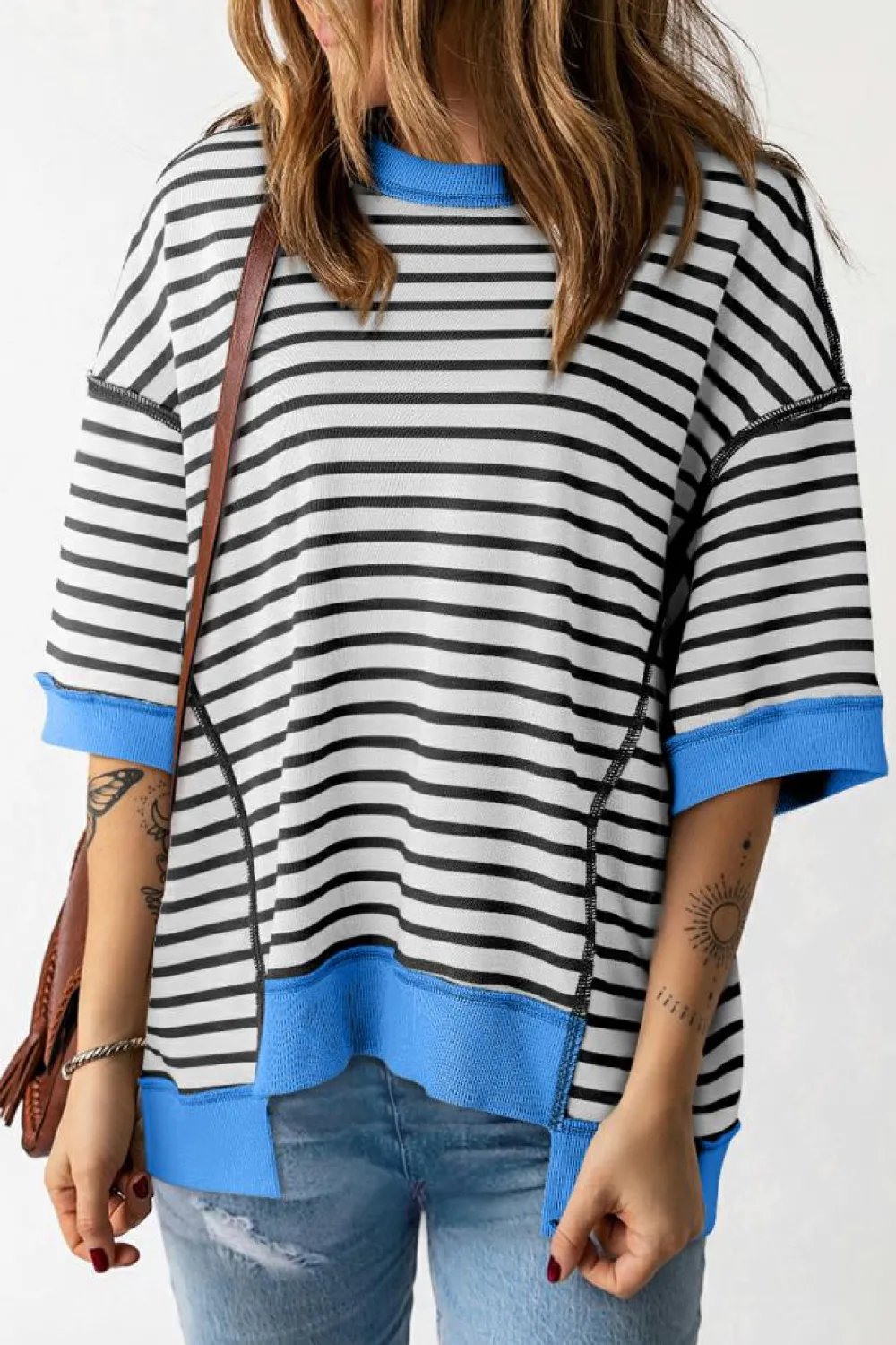 Fashion Dear-Lover Oversized Contrast Trim Exposed Seam High Low T Shirt Black Stripe