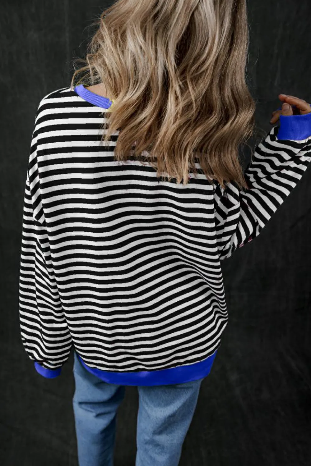 Online Dear-Lover Oversized Contrast Trim Pullover Sweatshirt Black Stripe
