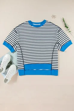 Fashion Dear-Lover Oversized Contrast Trim Exposed Seam High Low T Shirt Black Stripe