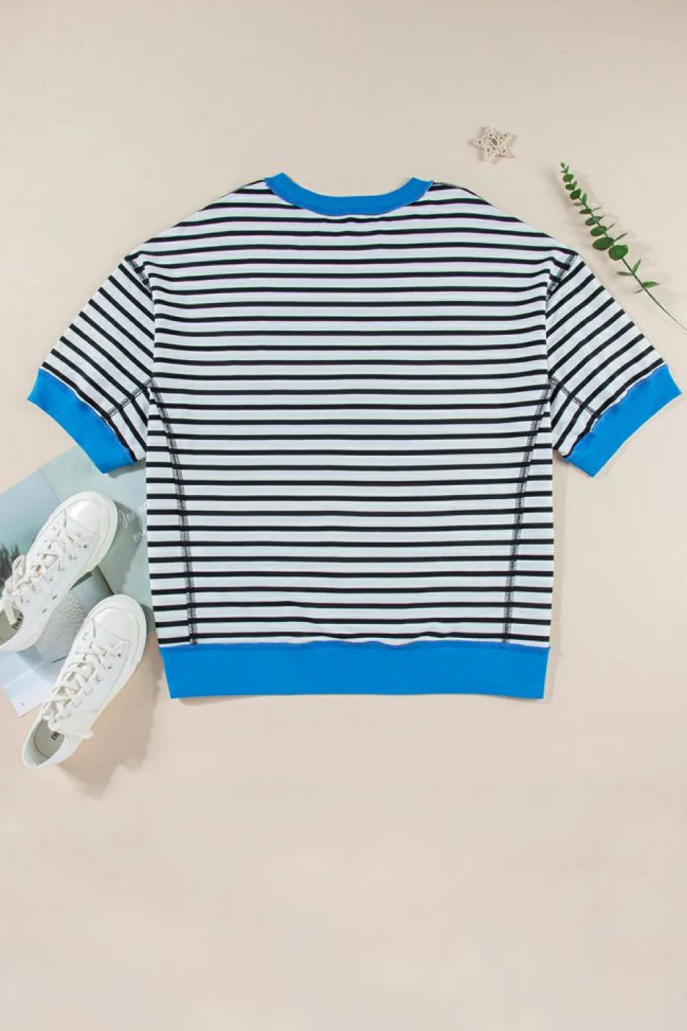 Fashion Dear-Lover Oversized Contrast Trim Exposed Seam High Low T Shirt Black Stripe
