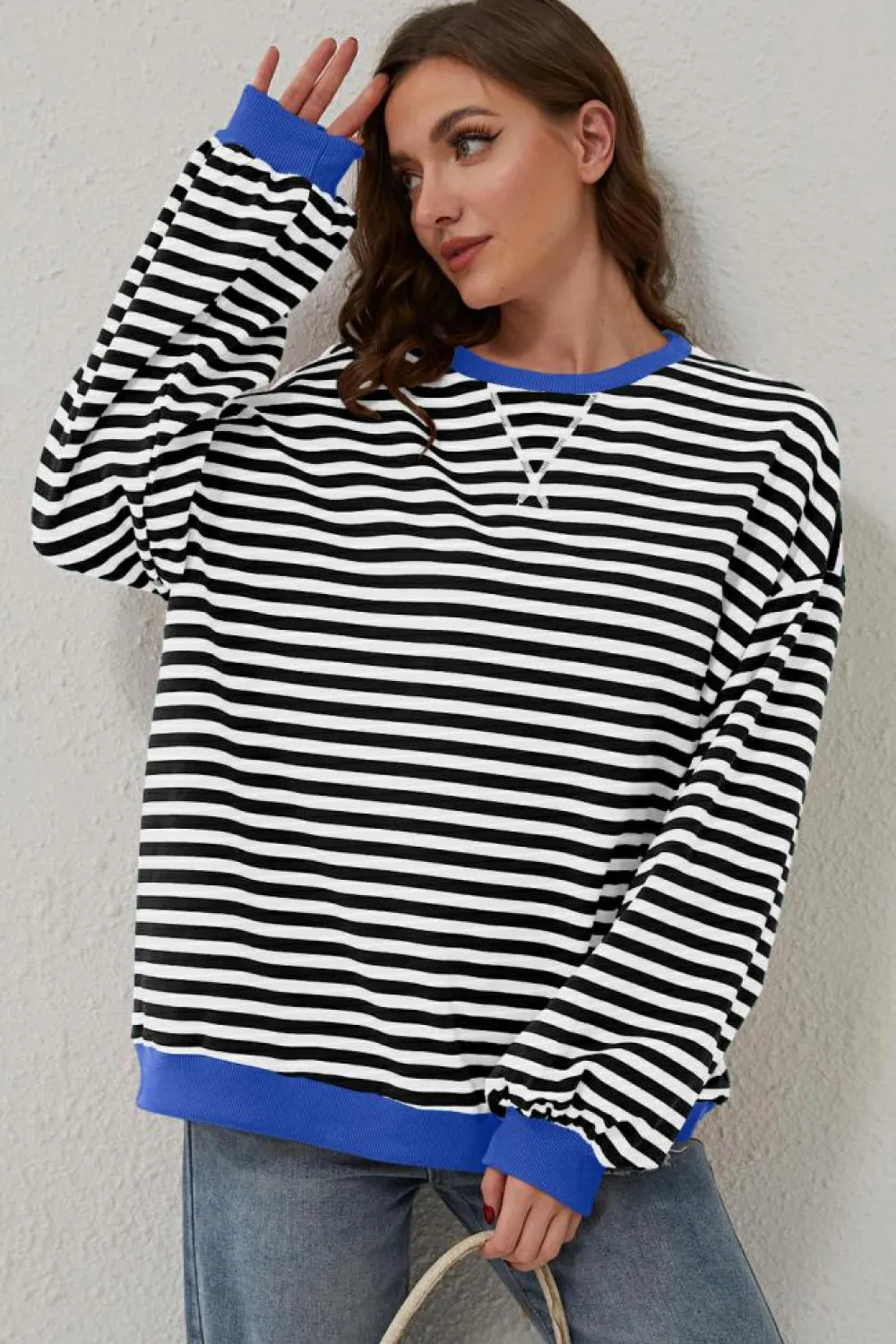 Online Dear-Lover Oversized Contrast Trim Pullover Sweatshirt Black Stripe
