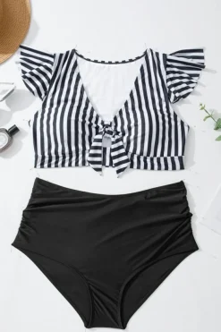 Discount Dear-Lover Plus Size Knot Cutout Ruffle Sleeve and High Waisted 2pcs Swimsuit Black Stripe