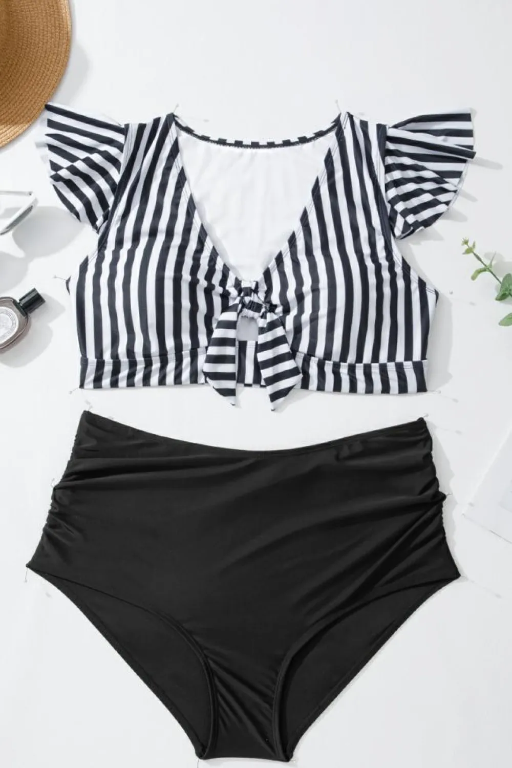 Discount Dear-Lover Plus Size Knot Cutout Ruffle Sleeve and High Waisted 2pcs Swimsuit Black Stripe