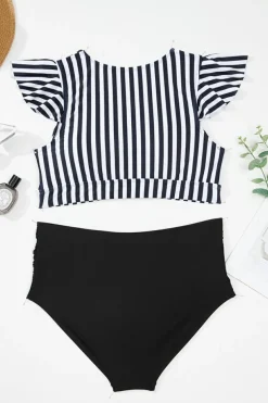 Discount Dear-Lover Plus Size Knot Cutout Ruffle Sleeve and High Waisted 2pcs Swimsuit Black Stripe