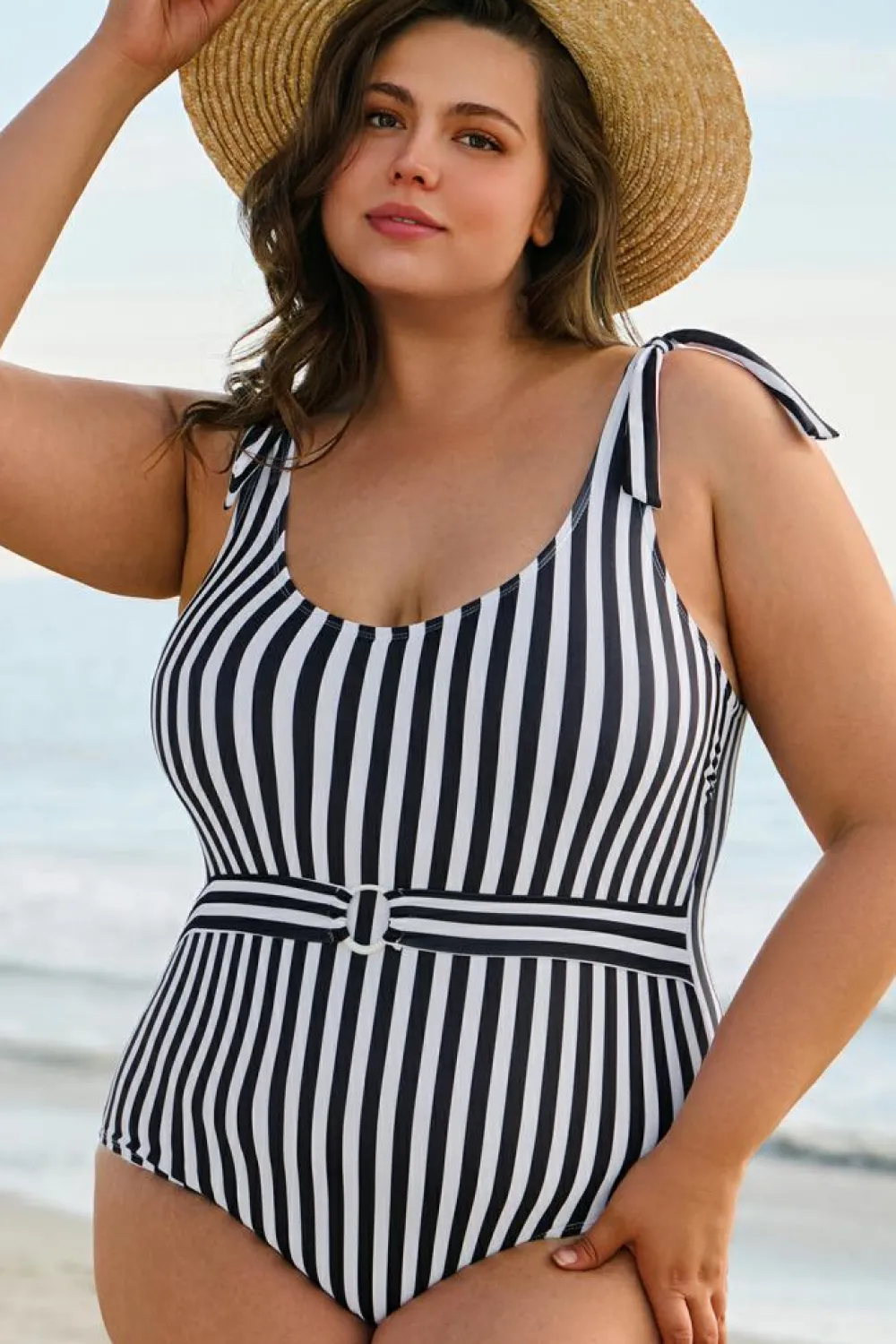 Hot Dear-Lover Plus Size Self Tie Straps O-Ring Waistband One Piece Swimsuit Black Stripe