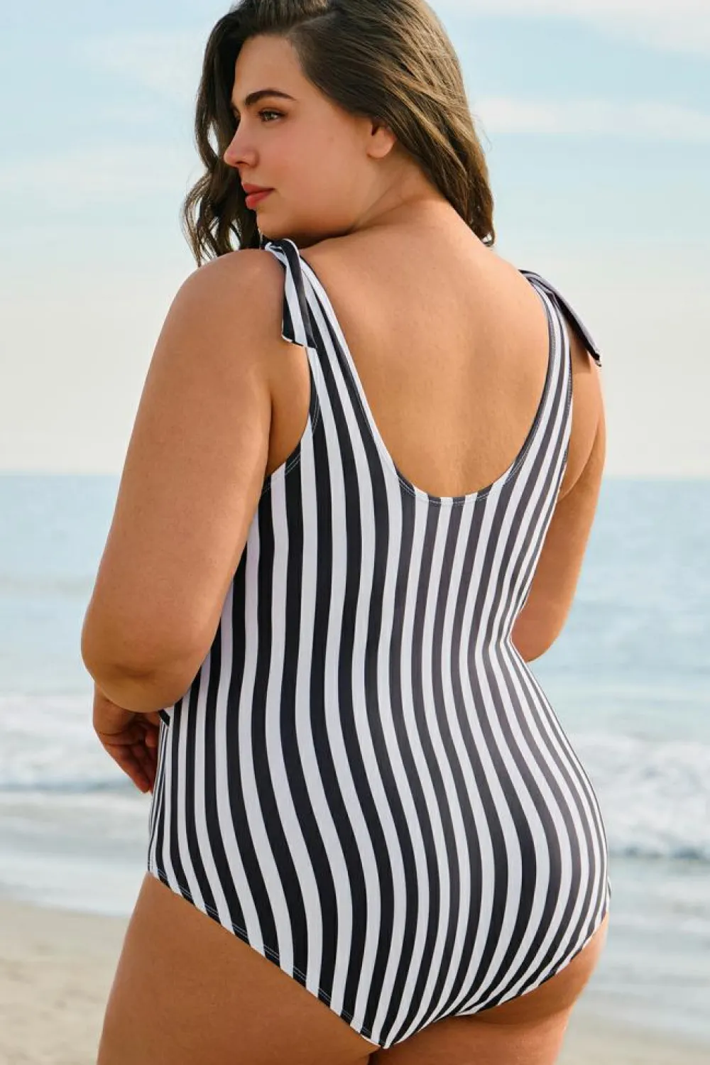 Hot Dear-Lover Plus Size Self Tie Straps O-Ring Waistband One Piece Swimsuit Black Stripe