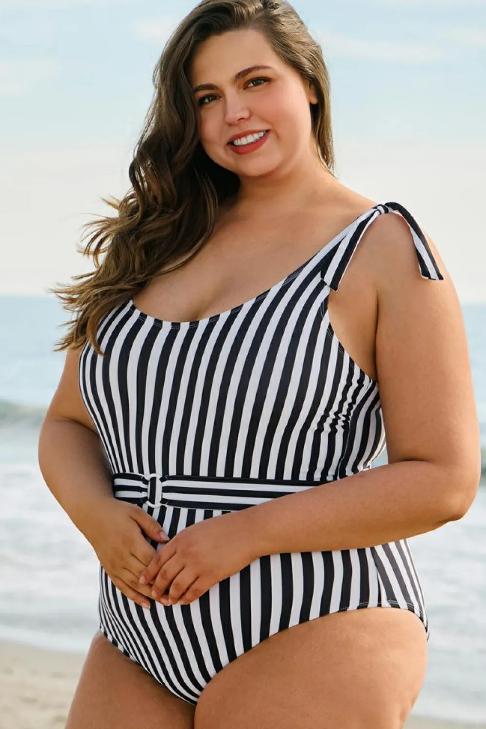 Hot Dear-Lover Plus Size Self Tie Straps O-Ring Waistband One Piece Swimsuit Black Stripe