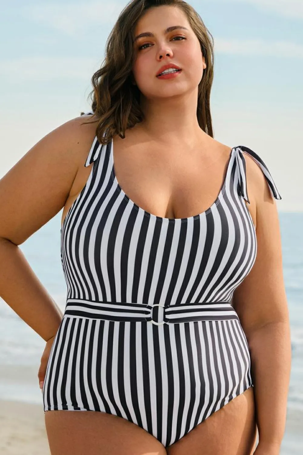 Hot Dear-Lover Plus Size Self Tie Straps O-Ring Waistband One Piece Swimsuit Black Stripe