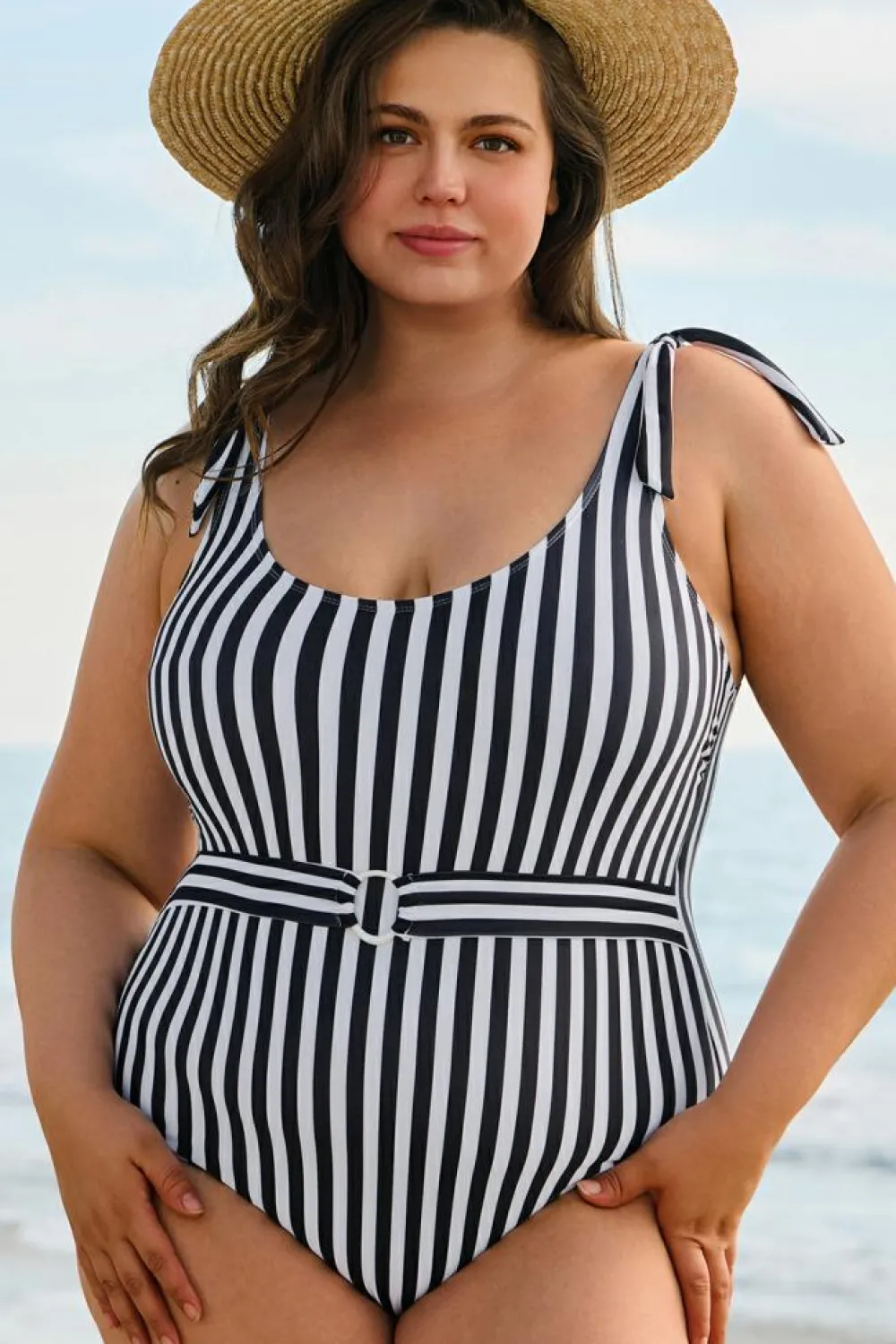 Hot Dear-Lover Plus Size Self Tie Straps O-Ring Waistband One Piece Swimsuit Black Stripe
