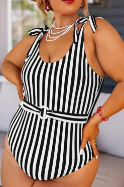 Hot Dear-Lover Plus Size Self Tie Straps O-Ring Waistband One Piece Swimsuit Black Stripe
