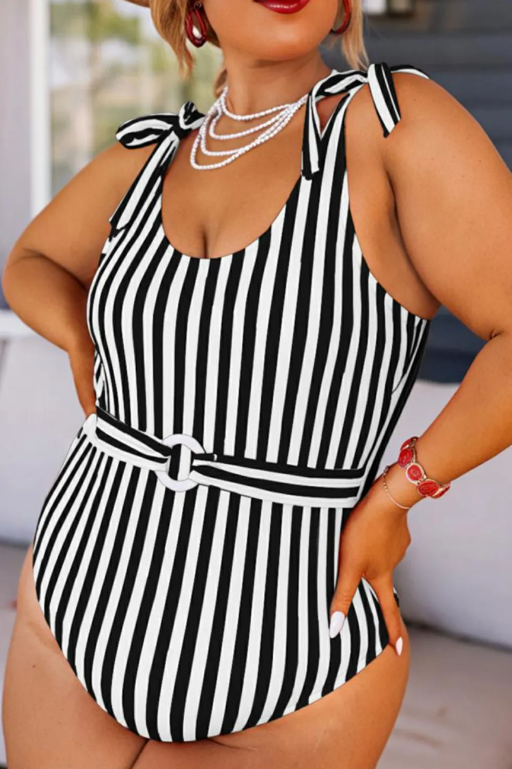Hot Dear-Lover Plus Size Self Tie Straps O-Ring Waistband One Piece Swimsuit Black Stripe