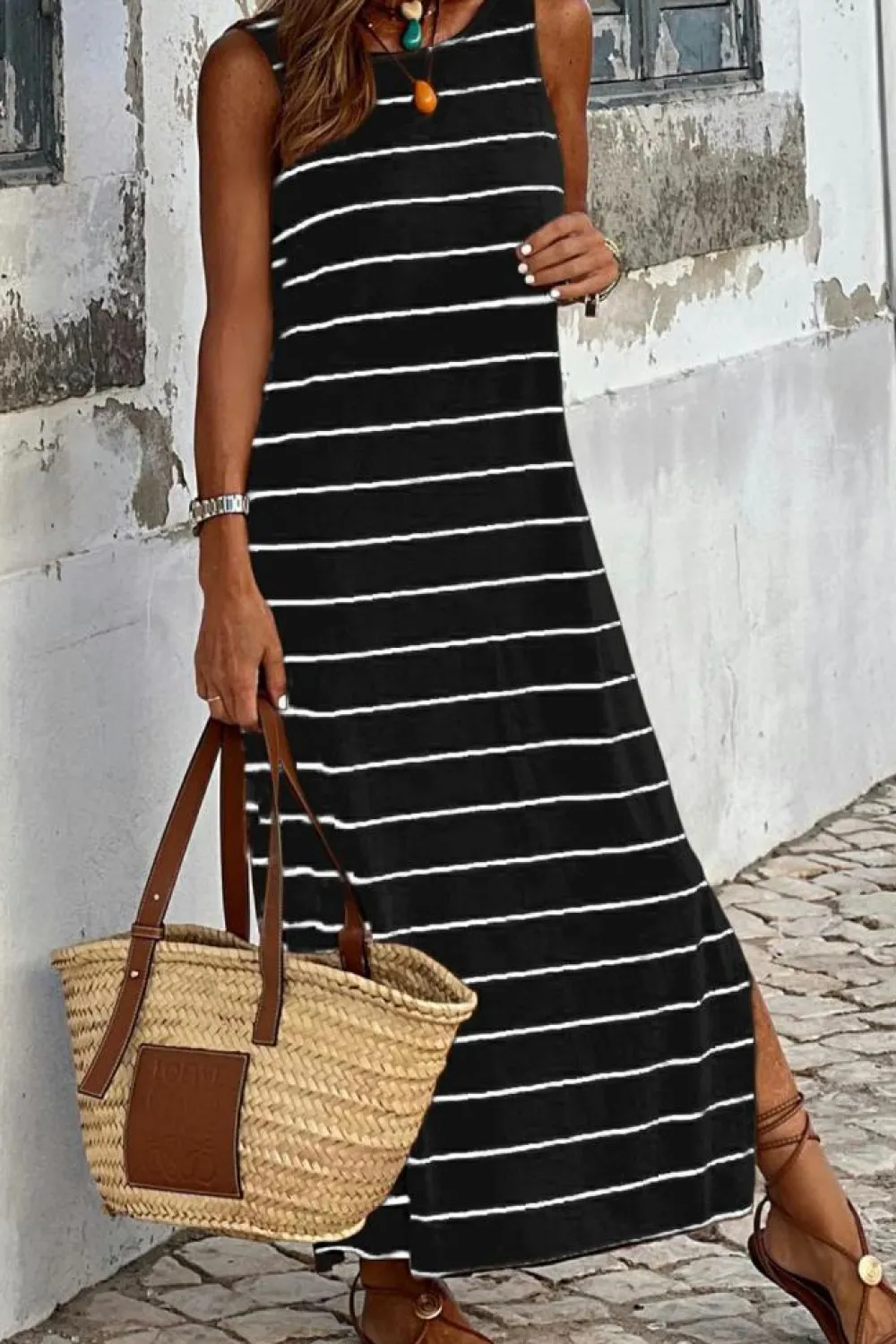 Fashion Dear-Lover Stripe Print Open Back Sleeveless Maxi Dress with Slits Black