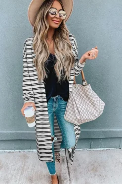 Online Dear-Lover Print Open Front Duster Cardigan Black Stripe