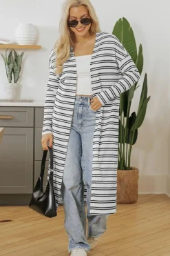 Online Dear-Lover Print Open Front Duster Cardigan Black Stripe