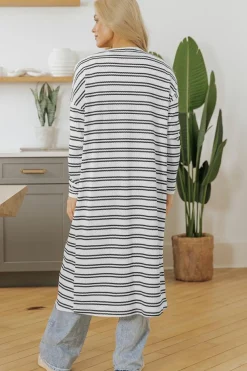 Online Dear-Lover Print Open Front Duster Cardigan Black Stripe