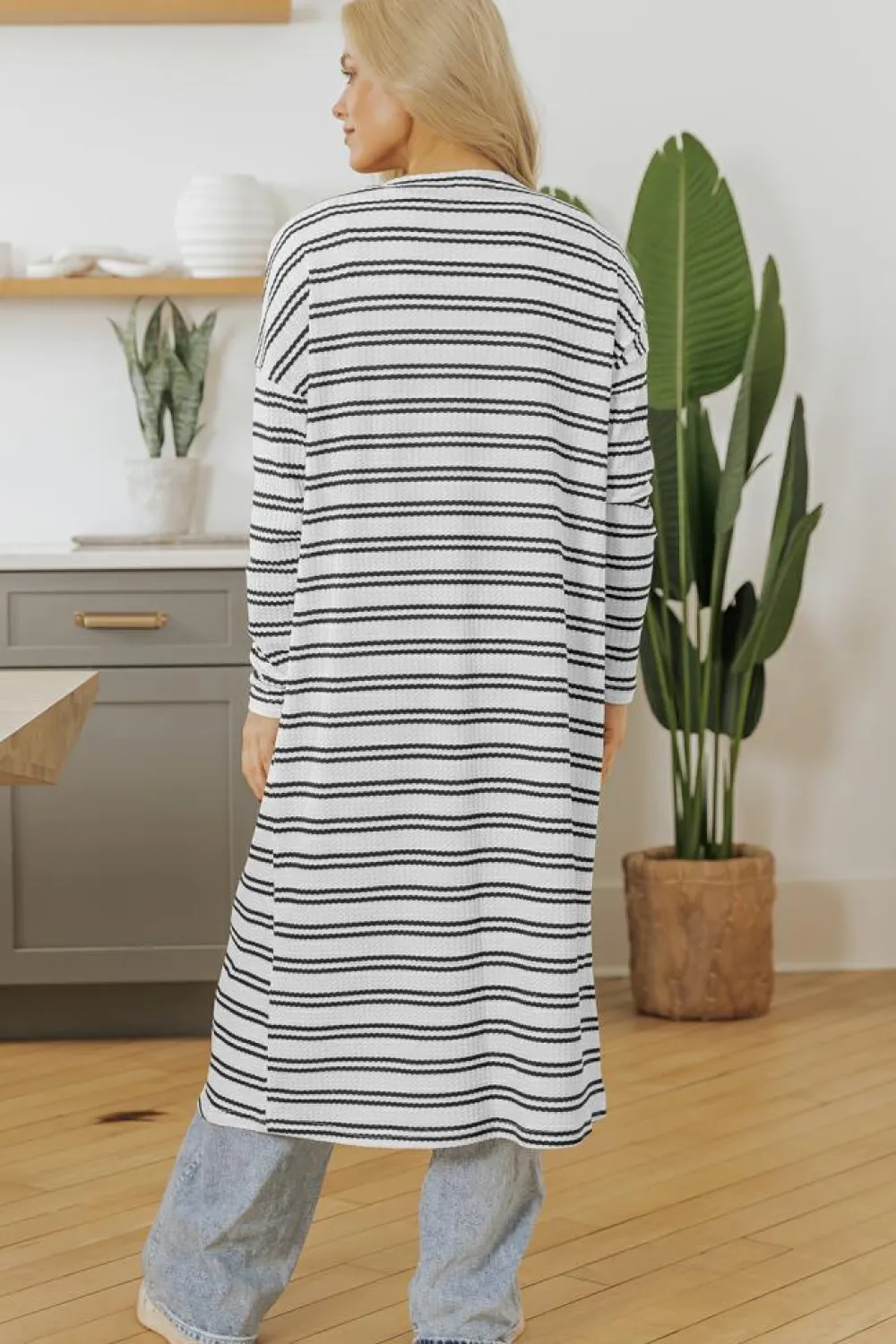 Online Dear-Lover Print Open Front Duster Cardigan Black Stripe