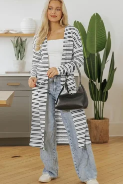 Online Dear-Lover Print Open Front Duster Cardigan Black Stripe