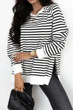 Best Dear-Lover Raglan Sleeve Side Slits Loose Sweatshirt Black Stripe