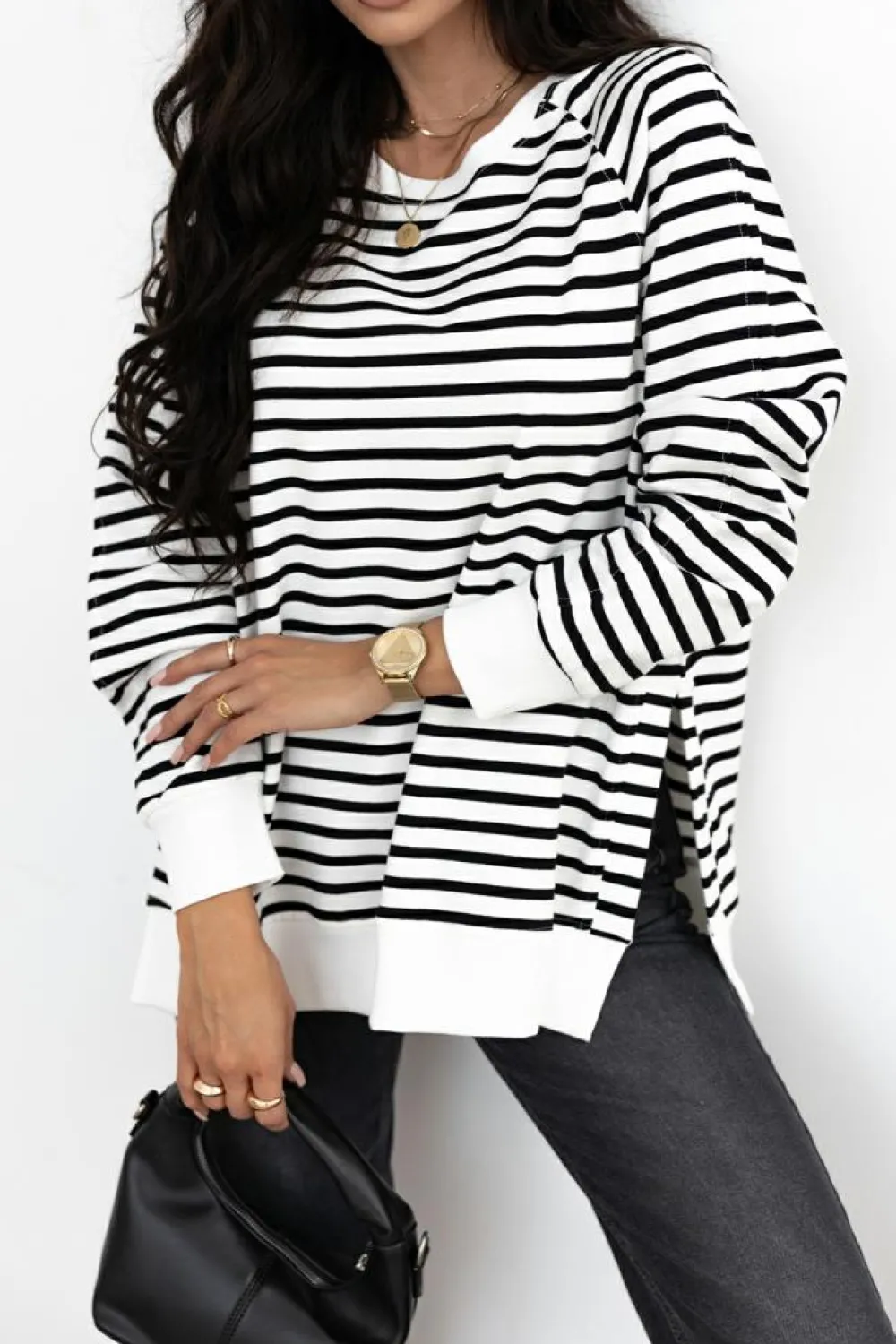 Best Dear-Lover Raglan Sleeve Side Slits Loose Sweatshirt Black Stripe