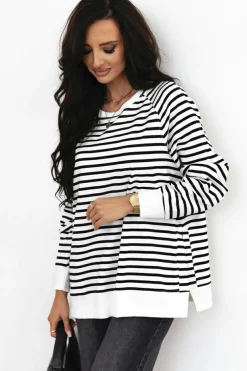 Best Dear-Lover Raglan Sleeve Side Slits Loose Sweatshirt Black Stripe