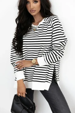 Best Dear-Lover Raglan Sleeve Side Slits Loose Sweatshirt Black Stripe