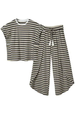 Discount Dear-Lover Rainbow Tee Tasseled String Wide Leg Pants Set Black Stripe