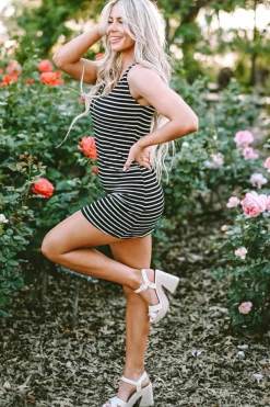 Fashion Dear-Lover Ribbed Knit Sleeveless Mini Dress Black Stripe