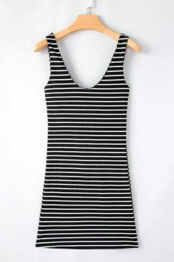 Fashion Dear-Lover Ribbed Knit Sleeveless Mini Dress Black Stripe