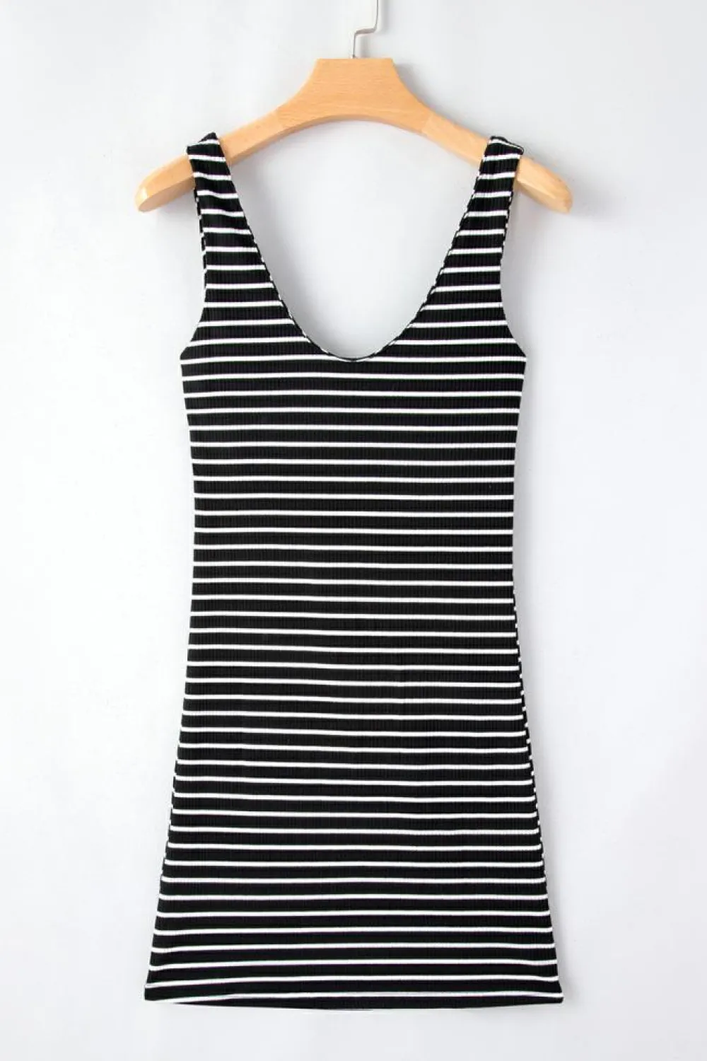 Fashion Dear-Lover Ribbed Knit Sleeveless Mini Dress Black Stripe