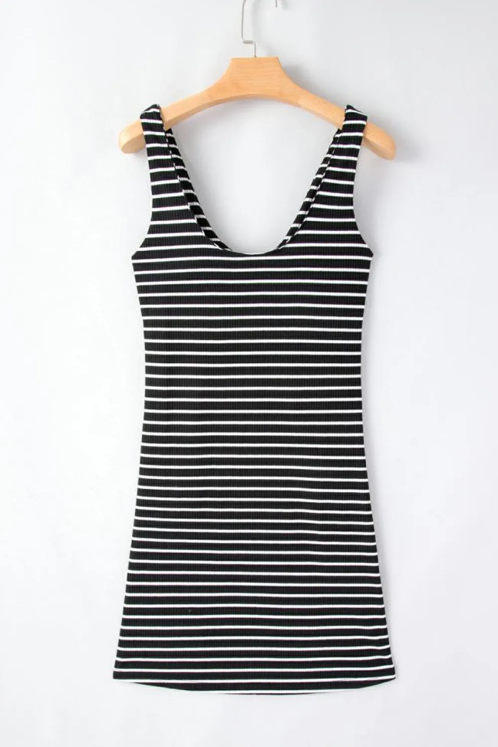 Fashion Dear-Lover Ribbed Knit Sleeveless Mini Dress Black Stripe