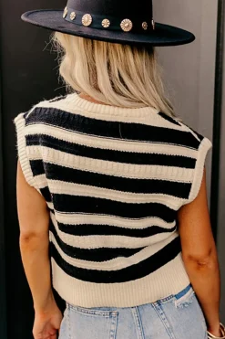 New Dear-Lover Ribbed Trim Knitted Sweater Vest Black Stripe