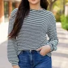 Hot Dear-Lover Round Neck Drop Shoulder Long Sleeve Top Black Stripe