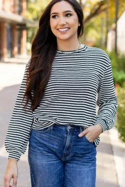 Hot Dear-Lover Round Neck Drop Shoulder Long Sleeve Top Black Stripe