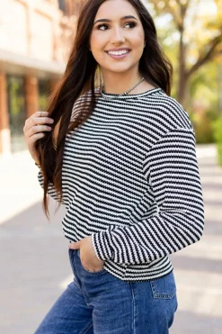 Hot Dear-Lover Round Neck Drop Shoulder Long Sleeve Top Black Stripe