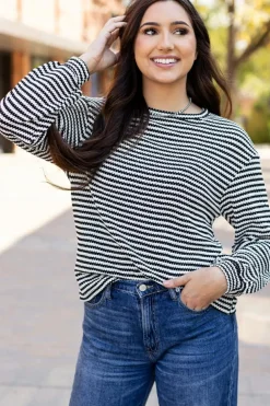 Hot Dear-Lover Round Neck Drop Shoulder Long Sleeve Top Black Stripe