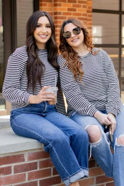 Hot Dear-Lover Round Neck Drop Shoulder Long Sleeve Top Black Stripe