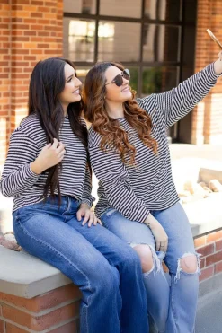Hot Dear-Lover Round Neck Drop Shoulder Long Sleeve Top Black Stripe