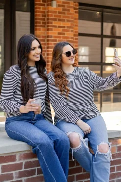 Hot Dear-Lover Round Neck Drop Shoulder Long Sleeve Top Black Stripe