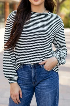 Hot Dear-Lover Round Neck Drop Shoulder Long Sleeve Top Black Stripe