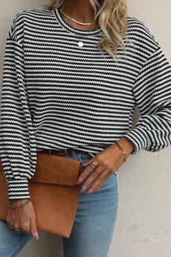 Hot Dear-Lover Round Neck Drop Shoulder Long Sleeve Top Black Stripe