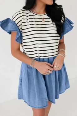 Best Dear-Lover Ruffle Denim Patchwork Round Neck Mini Dress Black Stripe
