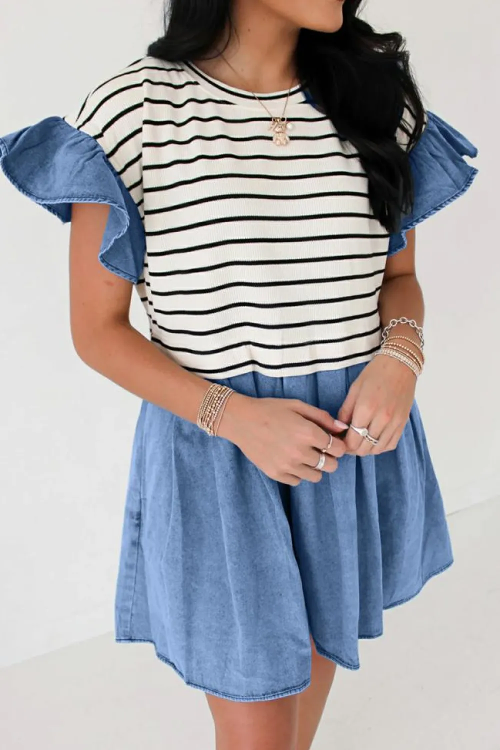 Best Dear-Lover Ruffle Denim Patchwork Round Neck Mini Dress Black Stripe