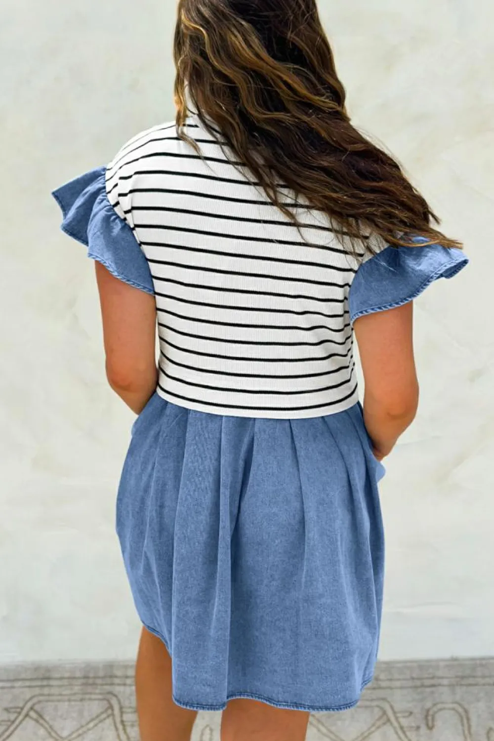Best Dear-Lover Ruffle Denim Patchwork Round Neck Mini Dress Black Stripe